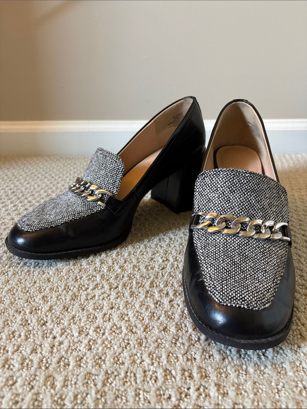 Kelly & Katie Tweed and Chain-Detail Block Heel Loafers